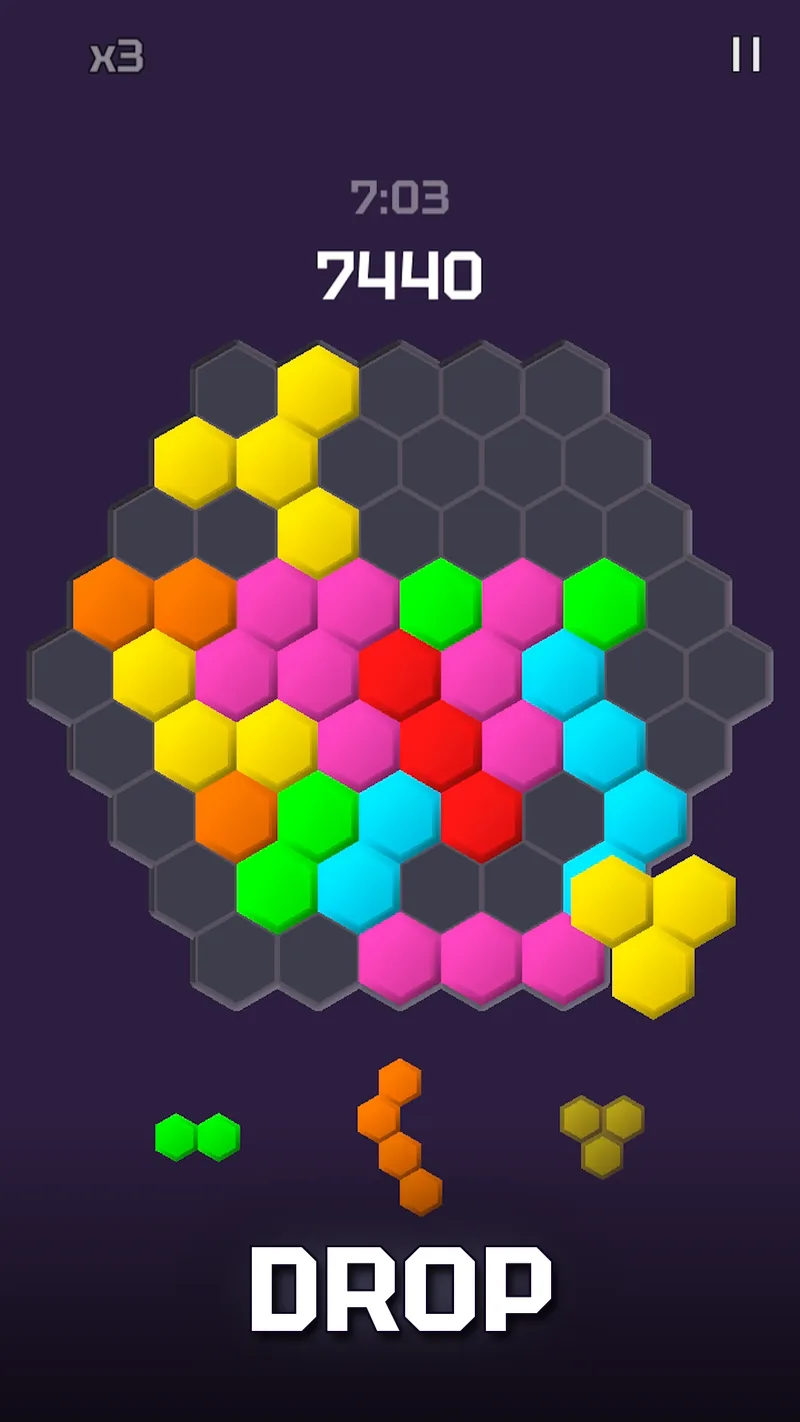 Drop hex pieces onto the board
